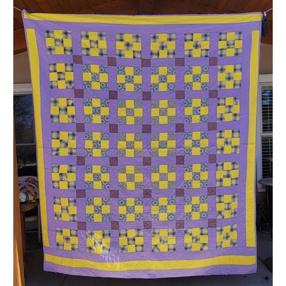 Handmade Nine Patch Quilt Purple Yellow Full Queen Cottage Farmhouse 86 x 74